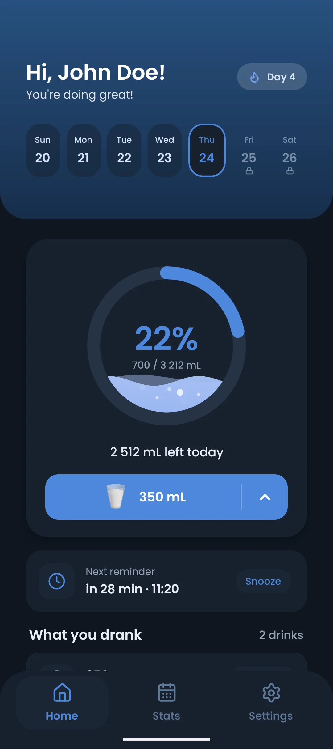The home screen in the dark theme