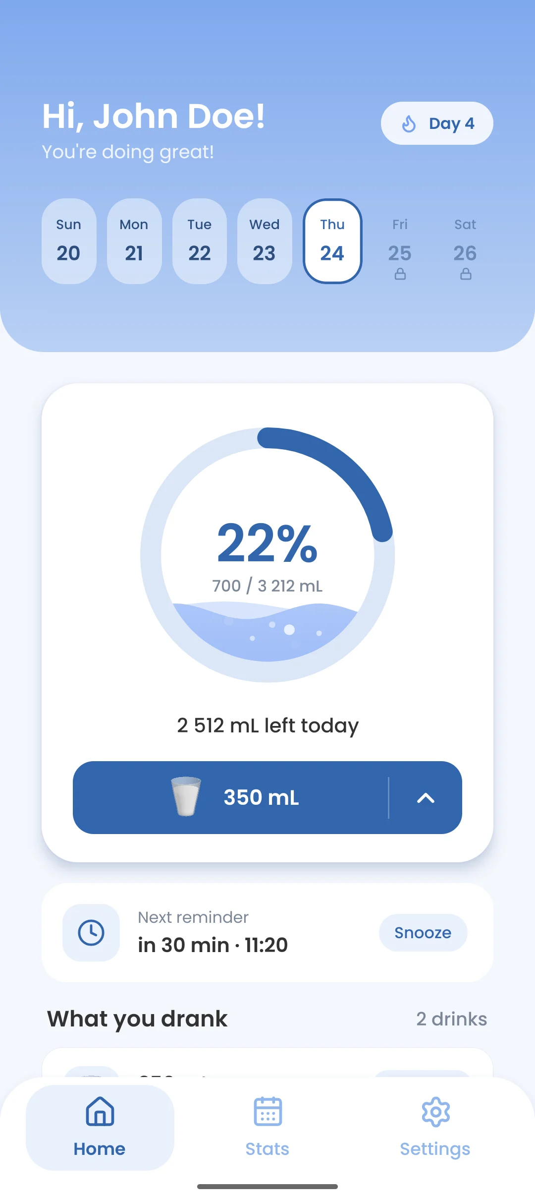 The home screen: a progress ring at 22%, 2,512 mL left today, a 350 mL quick-add button and the next reminder