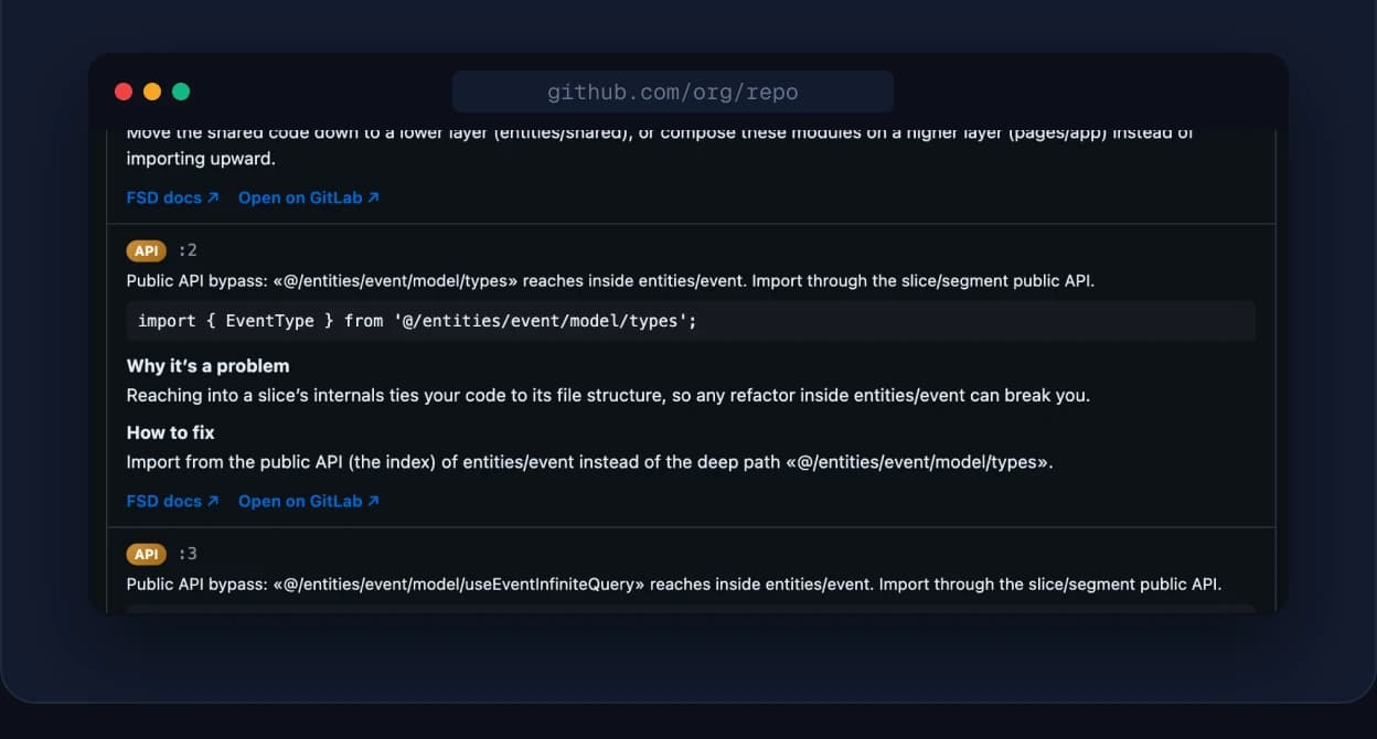 Full repository audit listing layer dependency violations for a whole codebase