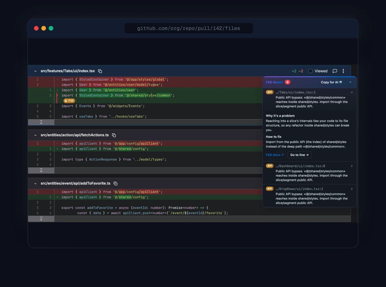 FSD Guard reviewing a GitHub Pull Request: inline diff with a public-API-bypass violation and the details panel