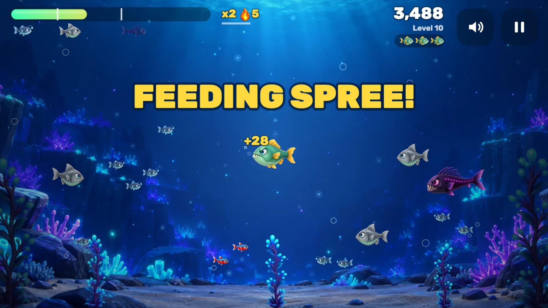 The piranha chasing small fish through a dark blue, glowing deep-sea level under a FEEDING SPREE! banner