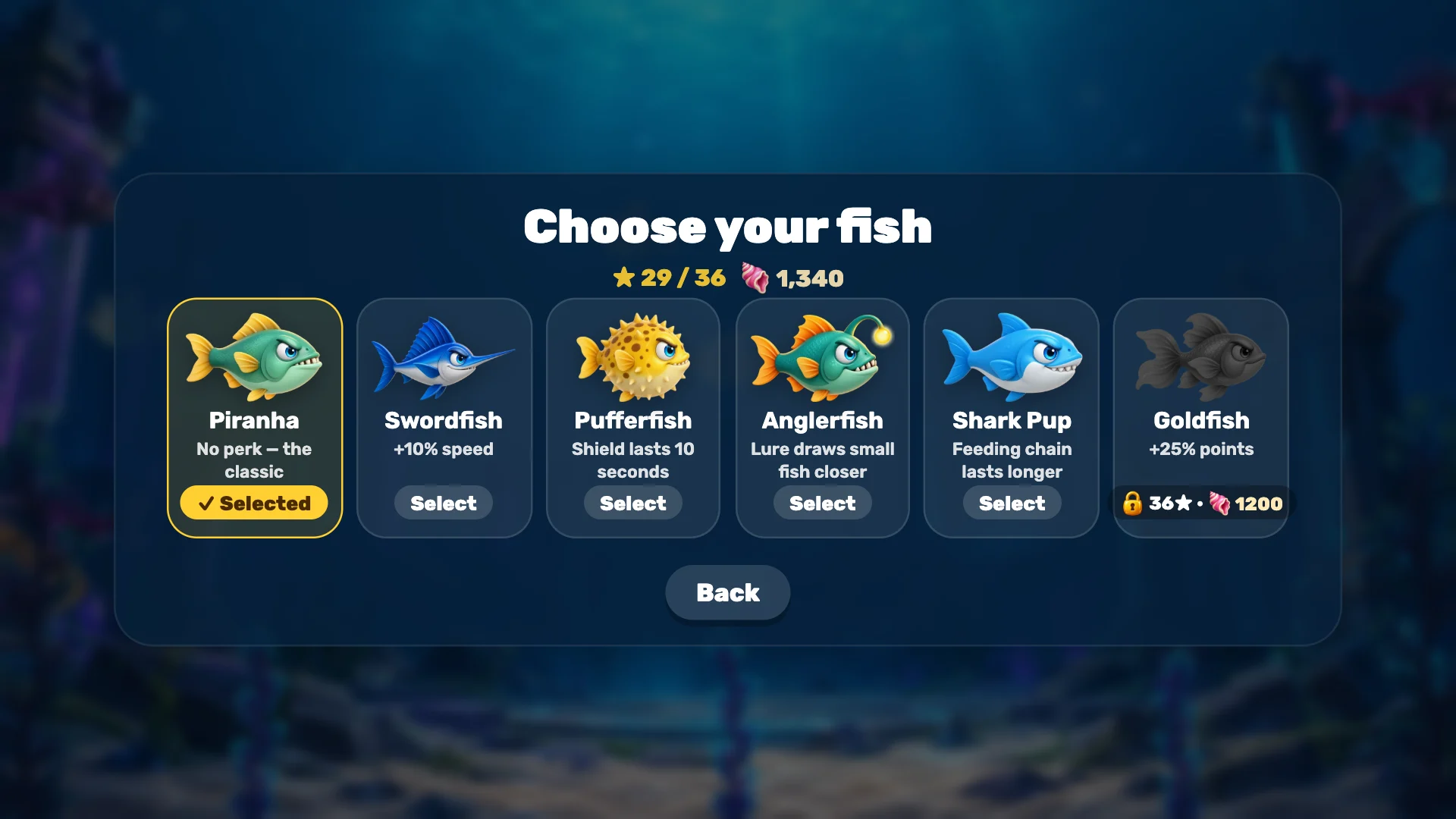 The fish picker: six fish with their perks, the piranha selected and the Goldfish locked