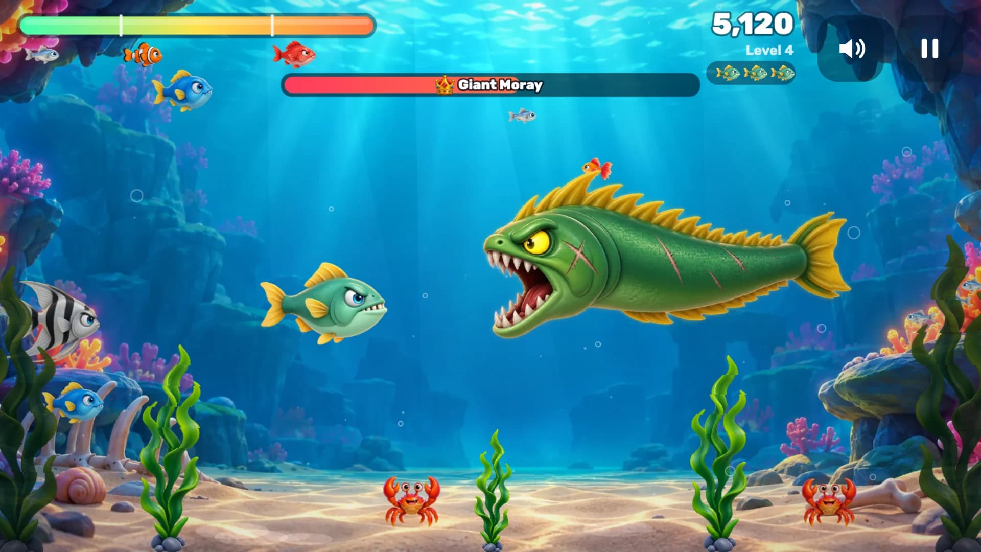 Boss fight on the reef: the piranha facing the Giant Moray, with the boss's health bar across the top