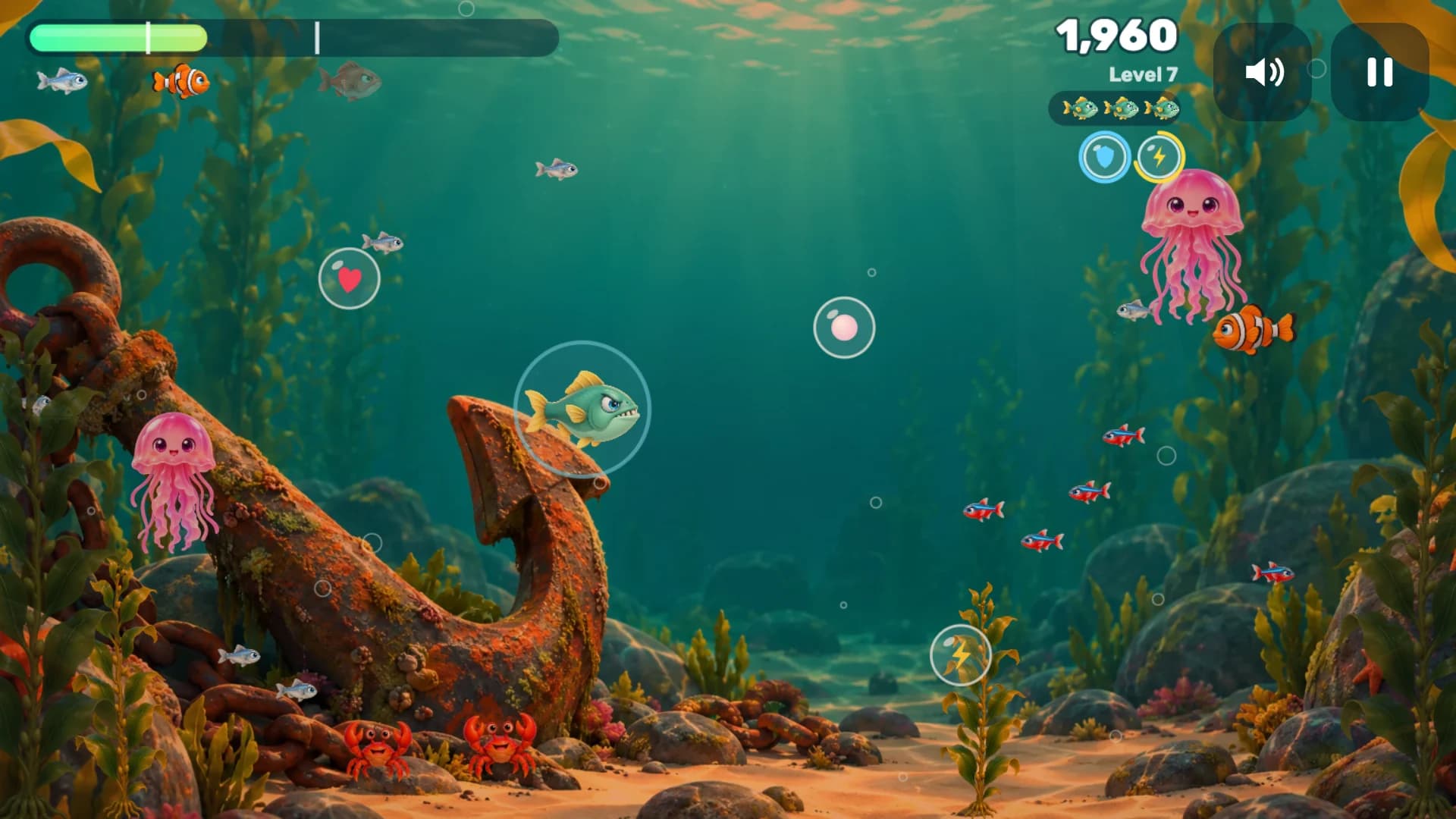 The shielded piranha by a sunken anchor between two jellyfish, with power-up bubbles around