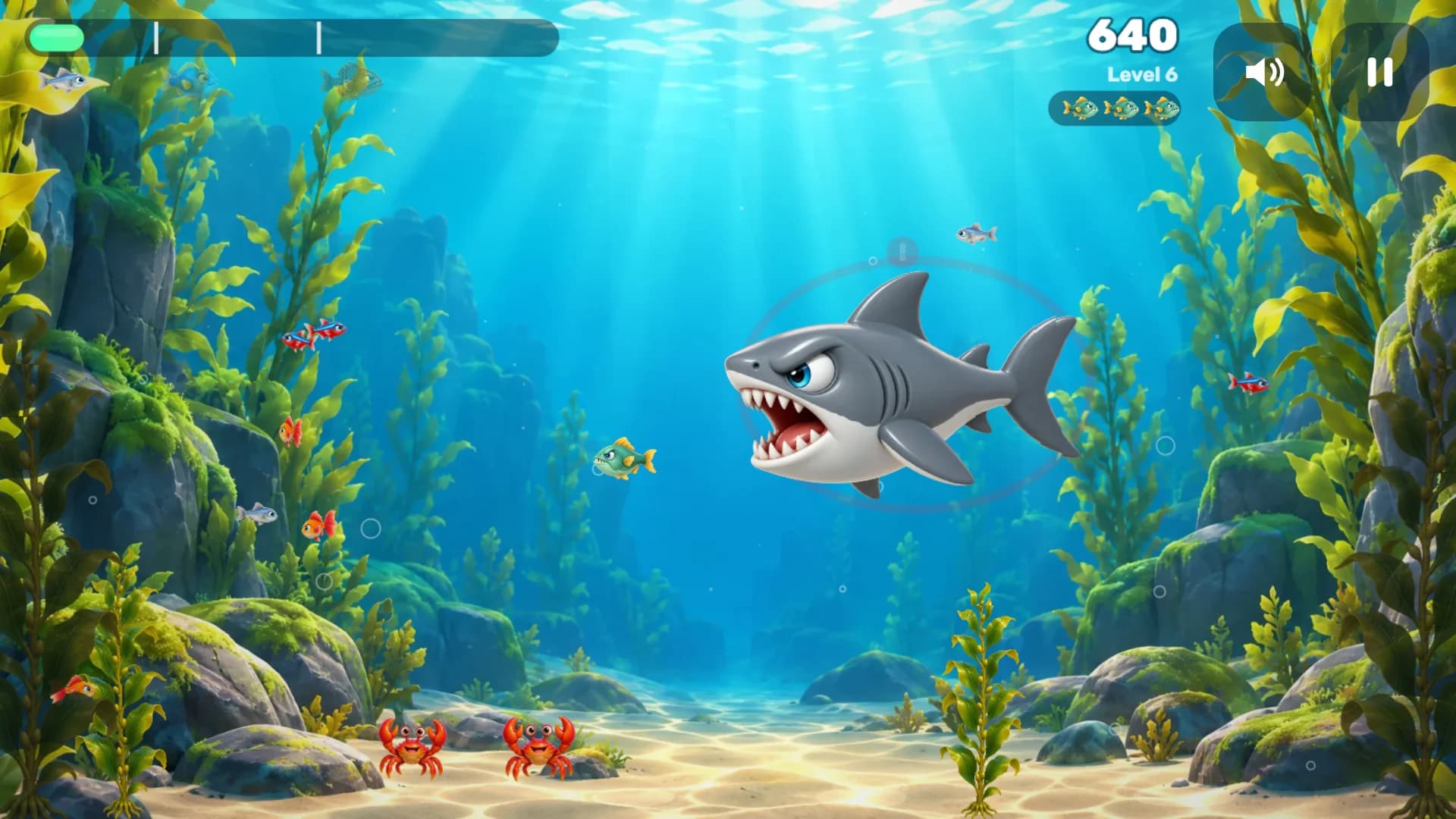 A large shark patrolling the kelp forest next to the small piranha
