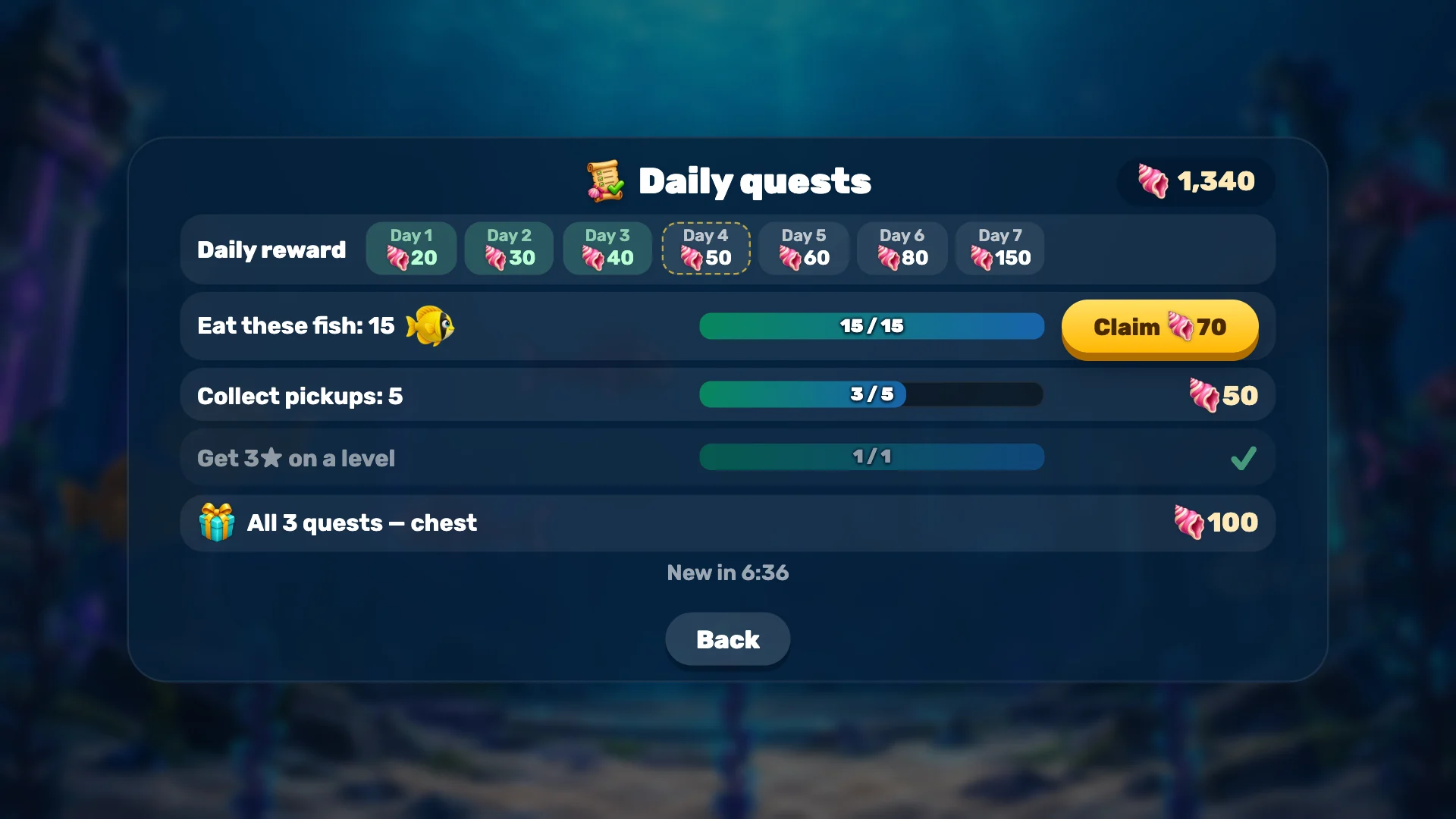 The daily quests screen: a seven-day reward row, three quests with progress bars and a chest