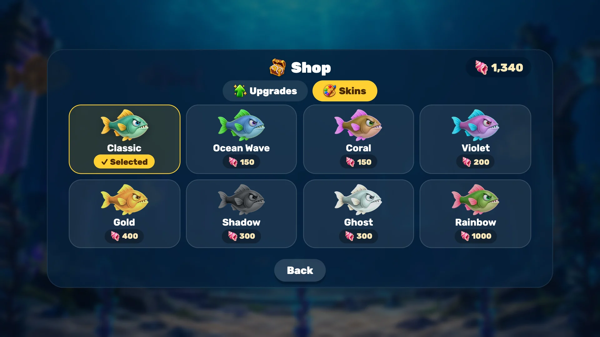 The shop on the Skins tab: Classic, Ocean Wave, Coral, Violet, Gold, Shadow, Ghost and Rainbow with shell prices