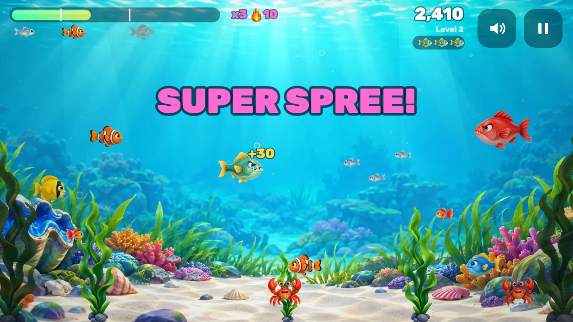 A piranha eating on the coral reef under a SUPER SPREE! banner, with the growth bar and score above