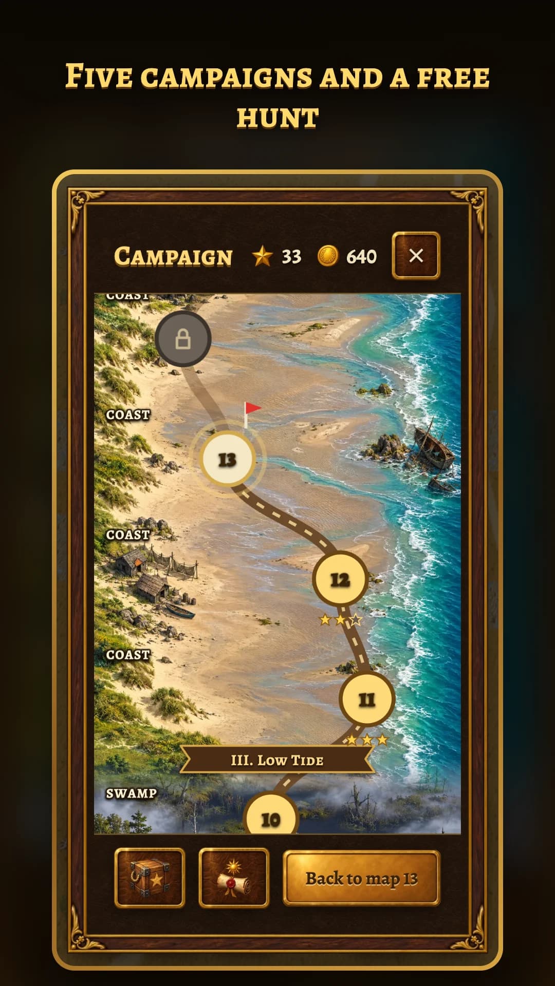 “Five campaigns and a free hunt”: the campaign map, a road of numbered maps along the coast