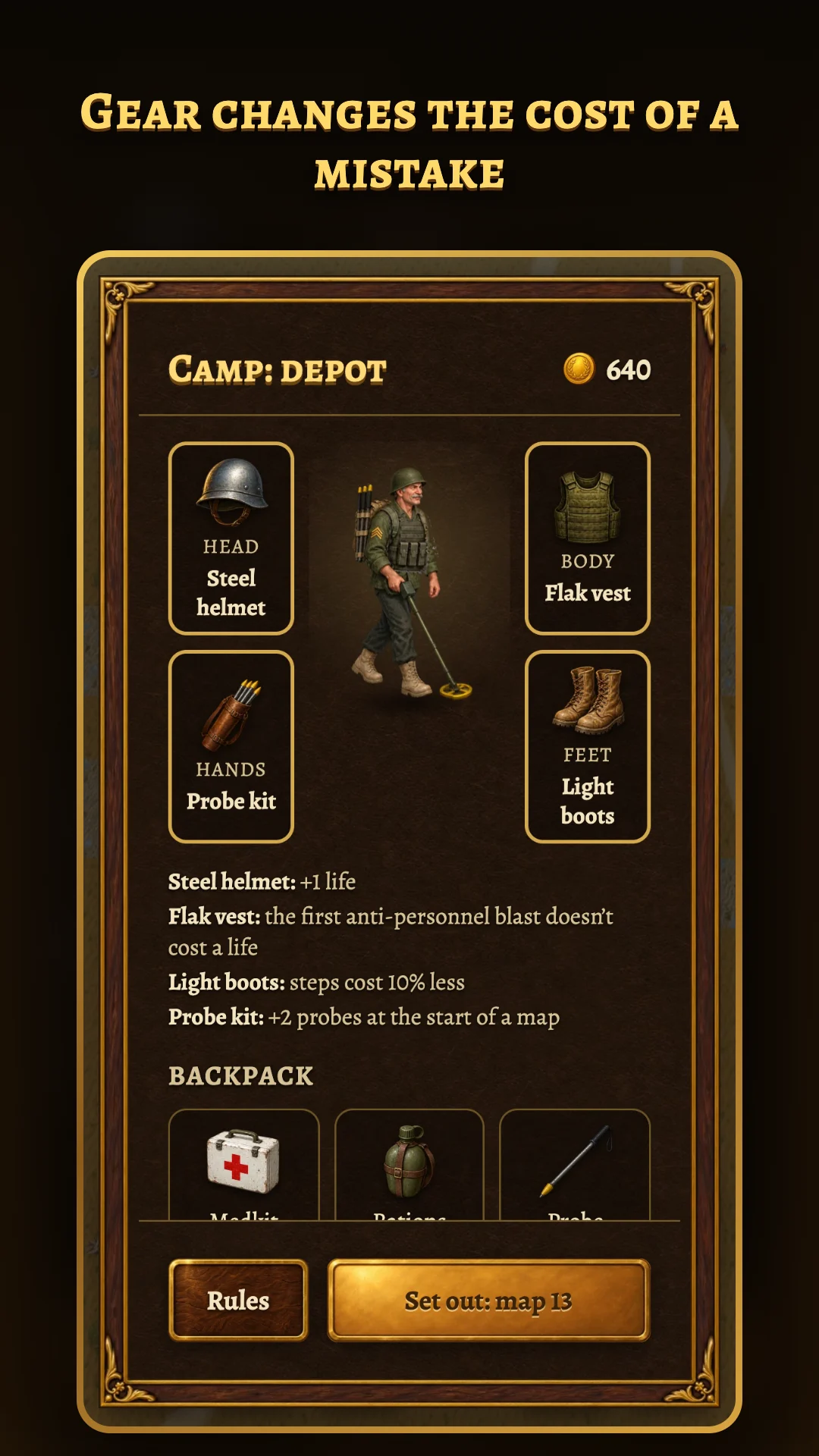 “Gear changes the cost of a mistake”: the camp depot with helmet, flak vest, probe kit and boots on the sapper