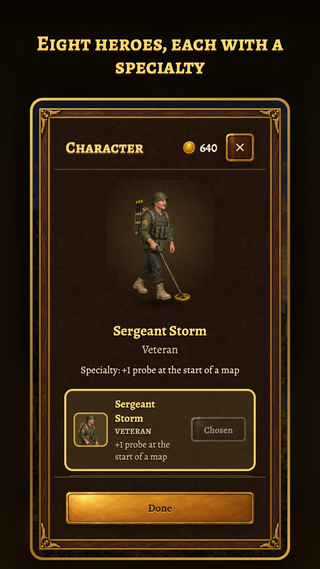 “Eight heroes, each with a specialty”: the character screen with Sergeant Storm, the veteran