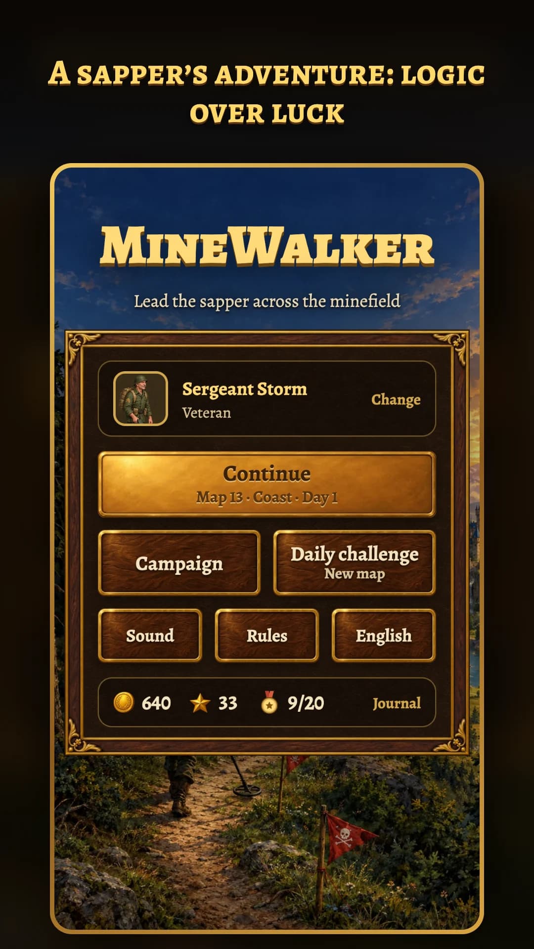 “A sapper's adventure: logic over luck”: the main menu with the hero card, Continue, Campaign and Daily challenge