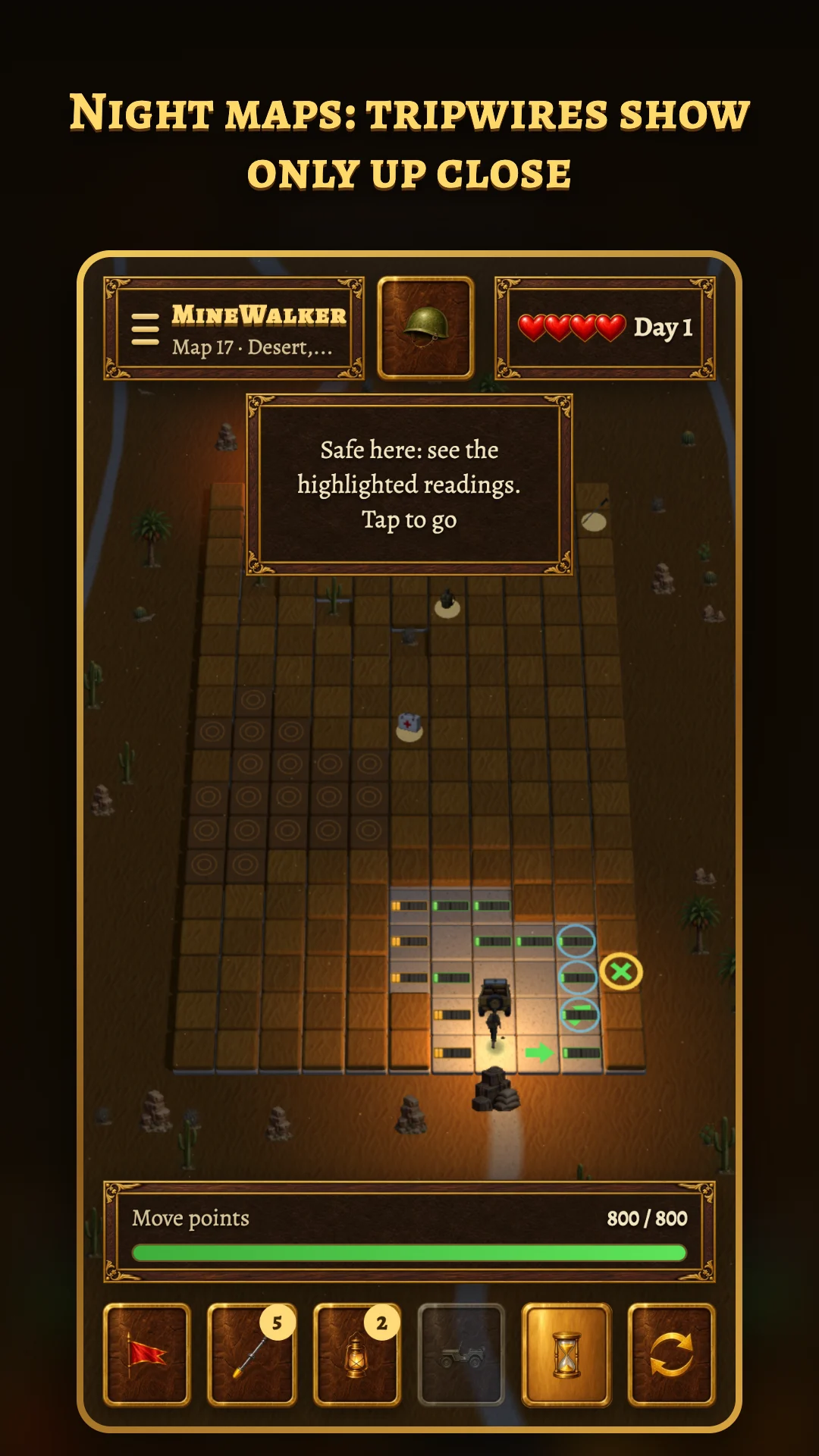 “Night maps: tripwires show only up close”: a dark desert map lit by the sapper's flashlight