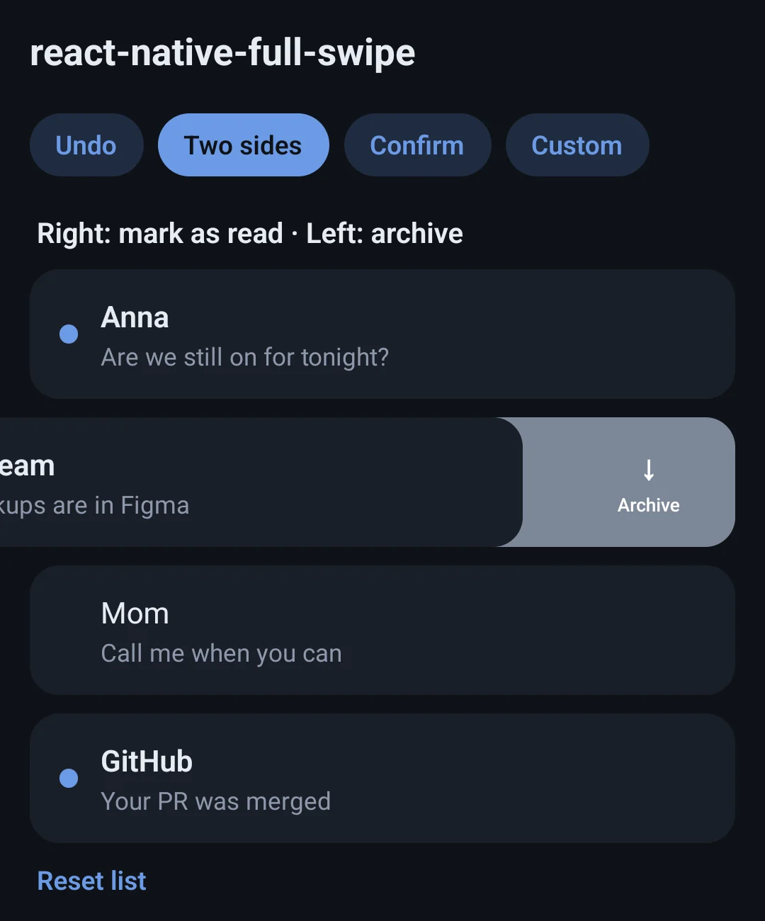 Swiping a row left to archive it